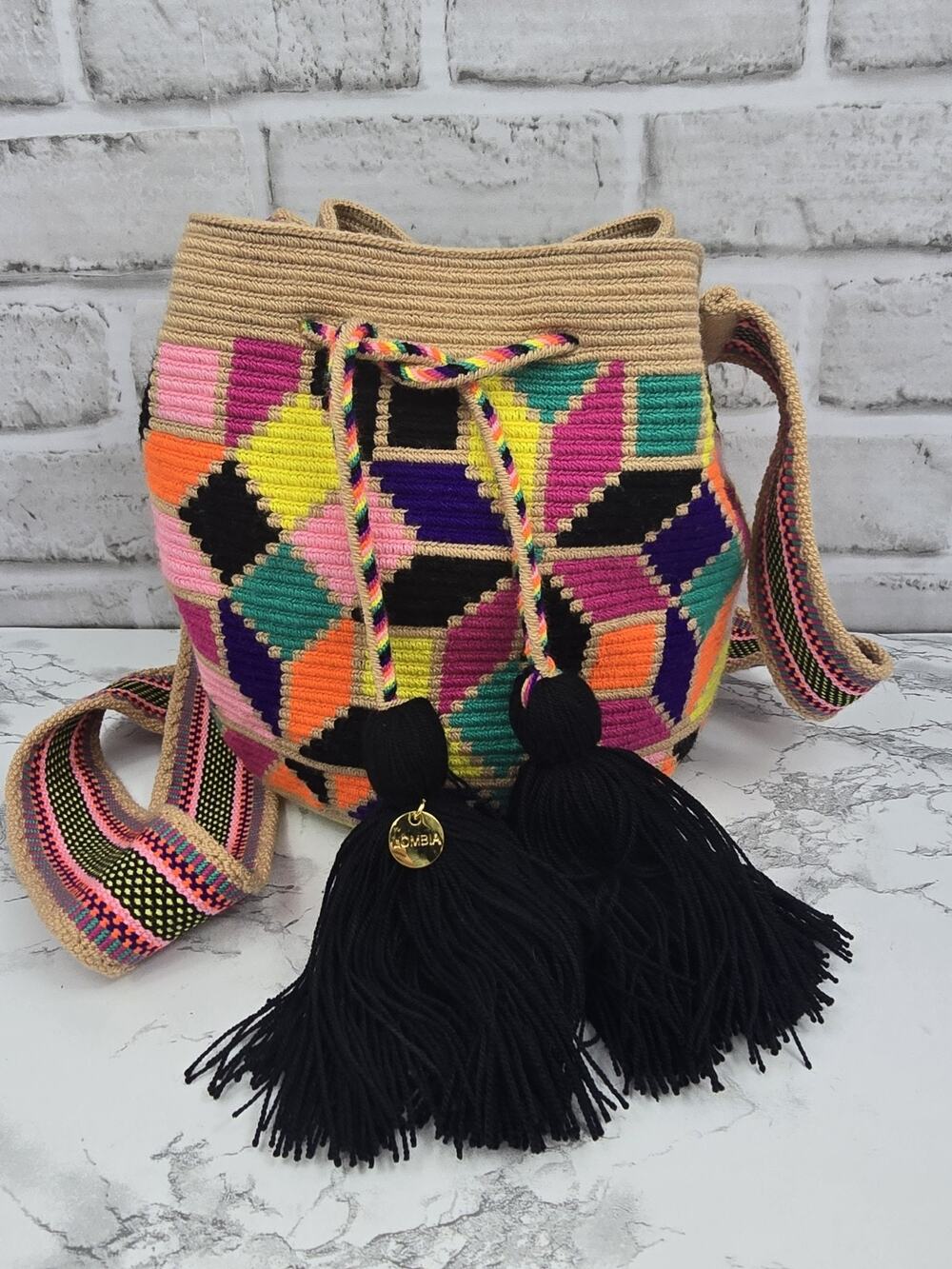 Lombia Wayuu Mochila Crossbody Bag, Purse ,Bucket Bag, Drawstring & Tassels